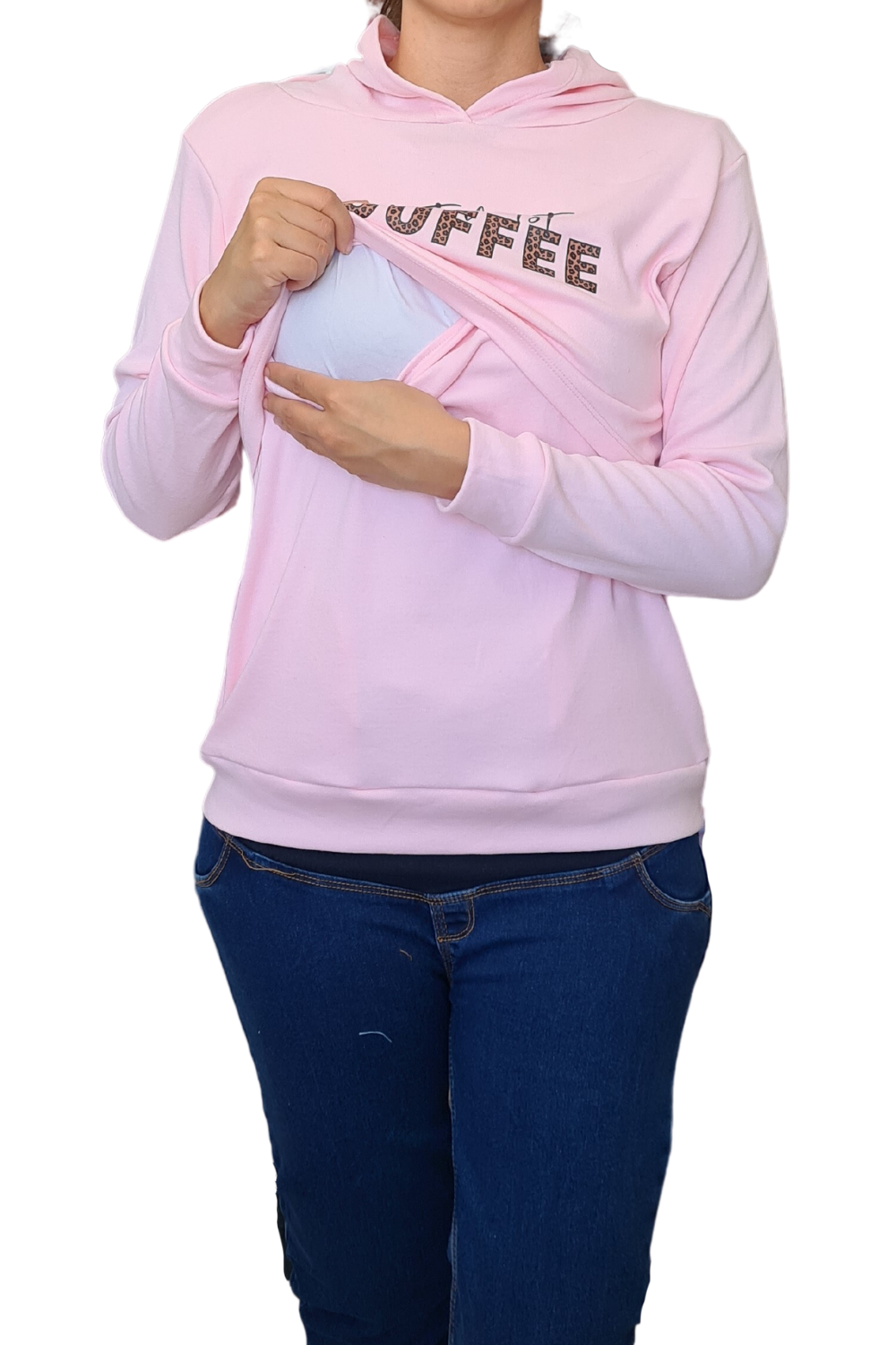 Sudadera ligera capucha estampada Lactancia. But First Coffee