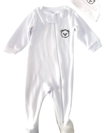 Set mameluco y gorro unisex. Osito blanco