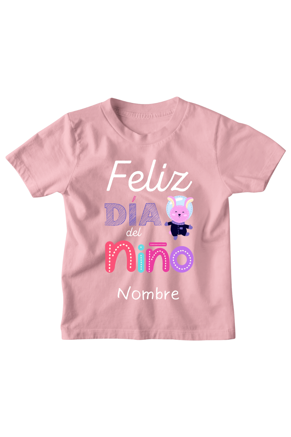 Playera Kids Feliz dia del nino astronauta conejo nombre personaliz