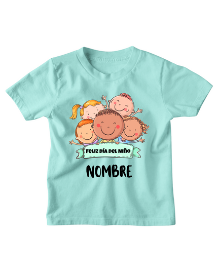 Playera Kids . Feliz día del niño caritas (nombre personalizado)