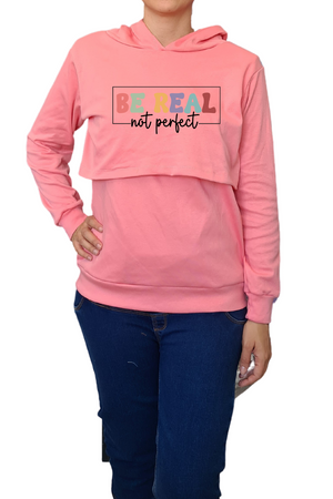 Sudadera ligera capucha estampada Lactancia. Be real not perfect