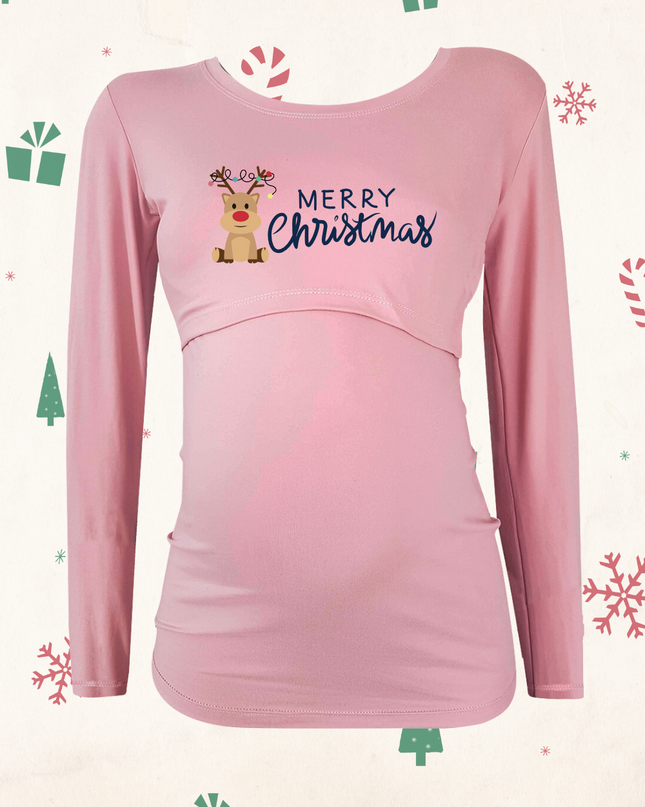 Blusa maternidad-lactancia Manga Larga. Merry Christmas reno luces