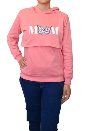 Sudadera ligera capucha estampada Lactancia. Mom mariposa rosa