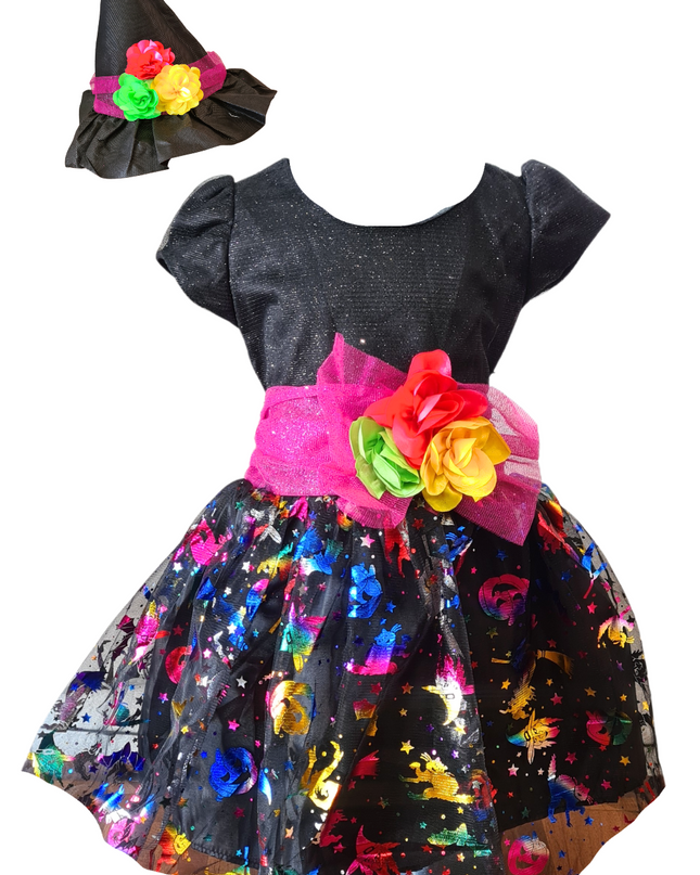 Vestido ampon 2 a 8 años. Brujita con sombrero