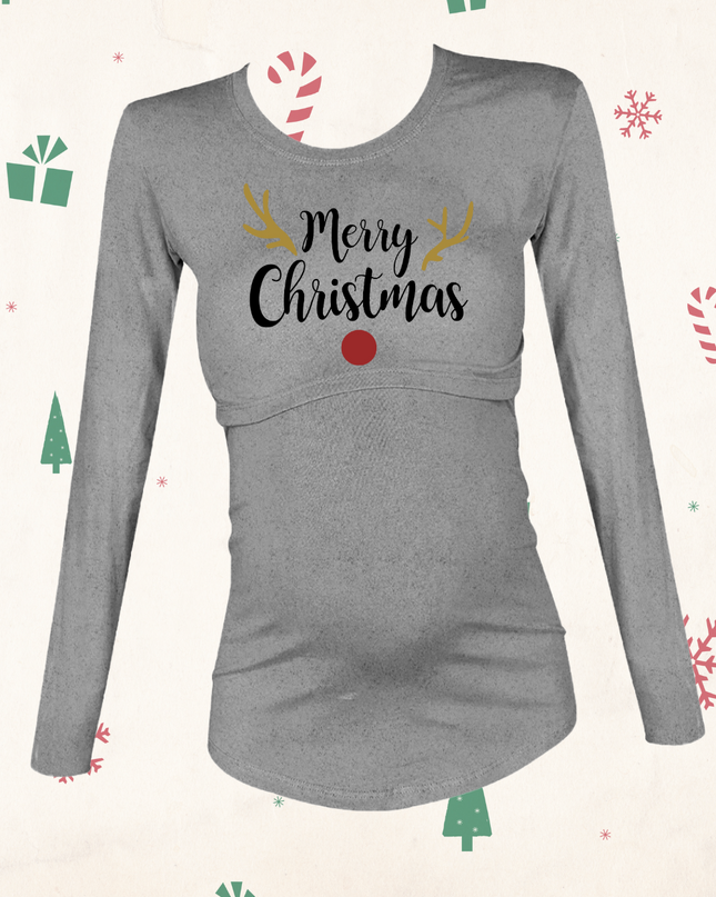 Blusa maternidad-lactancia Manga Larga. Merry christmas rudolph