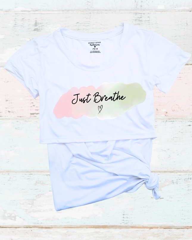 Blusa maternidad-lactancia mc estampada. Just Breathe