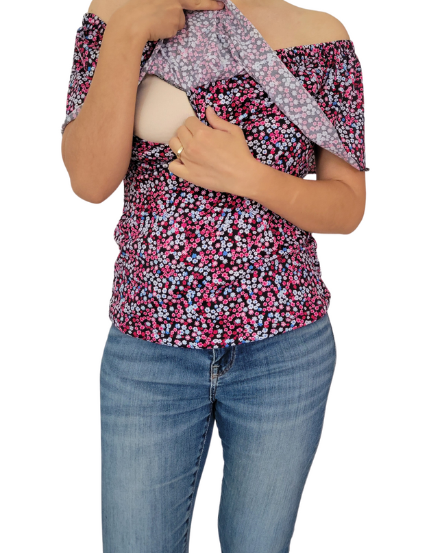 Blusa Lactancia Campesina 3 en 1. Marino flores