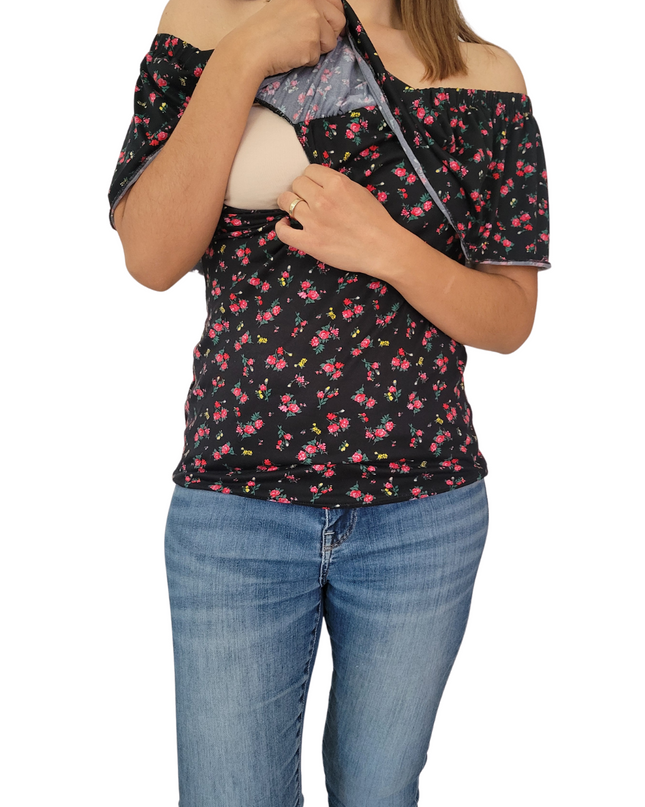 Blusa Lactancia Campesina 3 en 1 . Negro flores