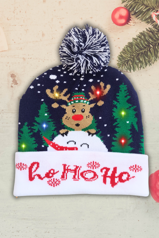 Gorro tejido con Luz led. Reno HO HO HO