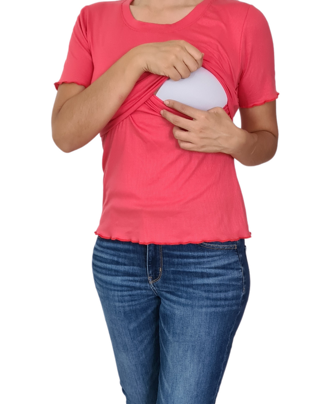 Blusa acanalada de lactancia. Rosa Fresa