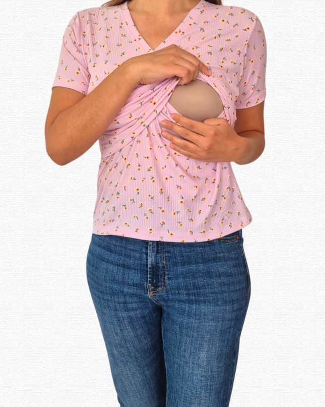 Blusa lactancia cruzada. Flores Pink