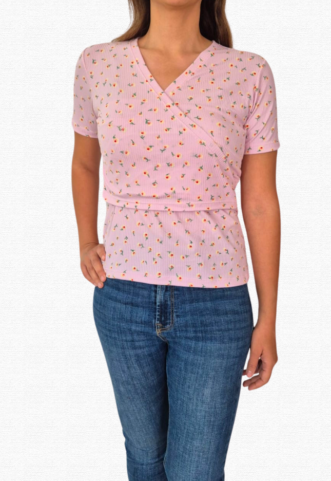 Blusa lactancia cruzada. Flores Pink