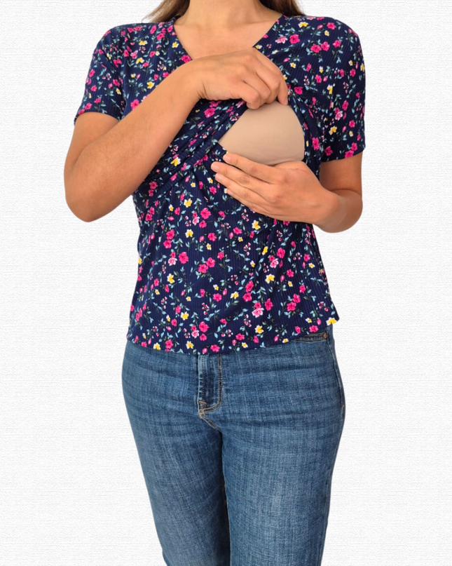 Blusa lactancia cruzada. Flores Navy
