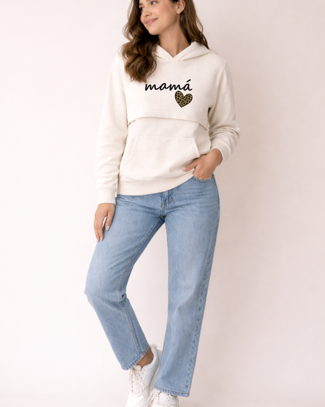 Sudadera afelpada capucha Lactancia. Cream mamá print
