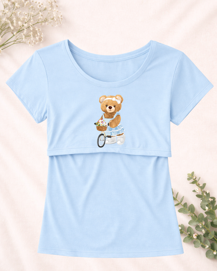 Blusa maternidad-lactancia mc estampada. Bear blue