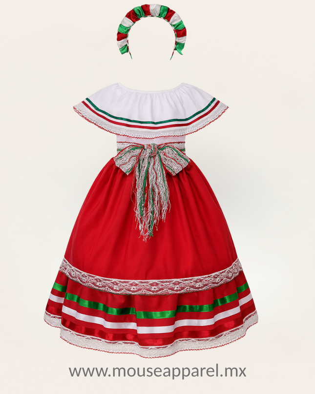 Vestido Blanco ampon 4 a 10 años. Patrio campesino rojo