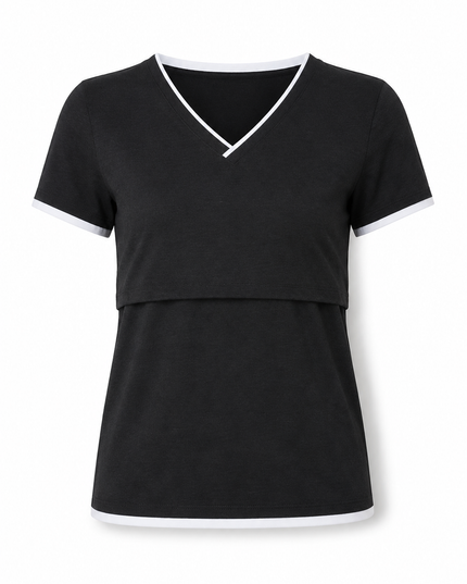 Blusa de Lactancia Doble V. Negro liso