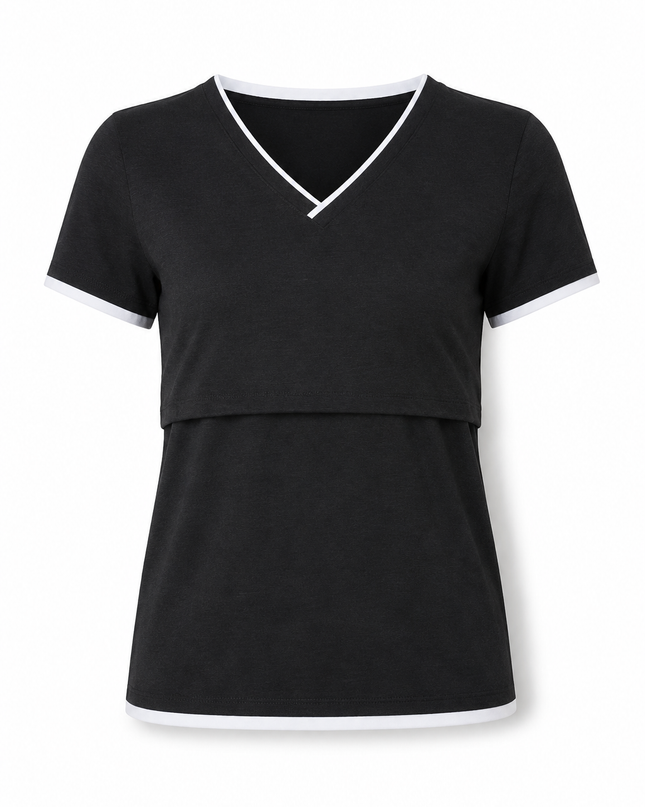 Blusa de Lactancia Doble V. Negro liso