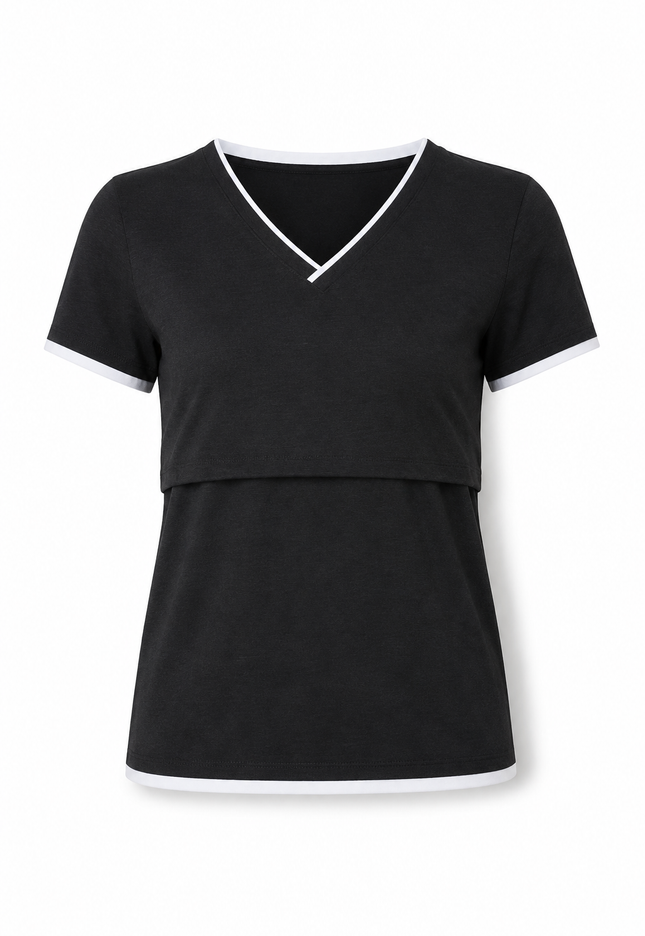 Blusa de Lactancia Doble V. Negro liso