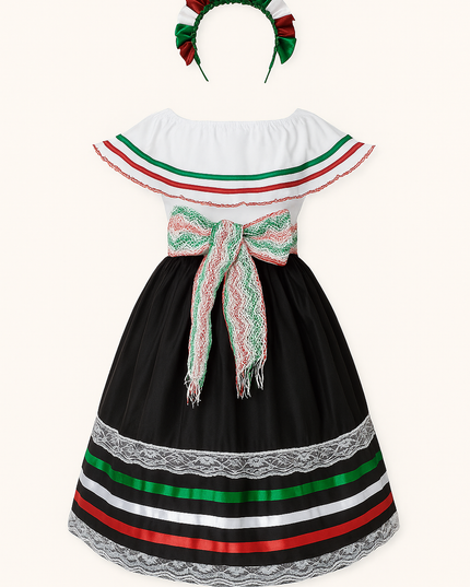 Vestido Blanco ampon 4 a 10 años. Patrio campesino Negro