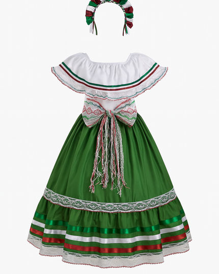 Vestido Blanco ampon 4 a 10 años. Patrio campesino Verde