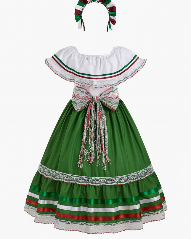 Vestido Blanco ampon 4 a 10 años. Patrio campesino Verde