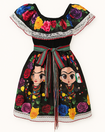 Vestido campesina Negro 3 a 10 años. Fridita