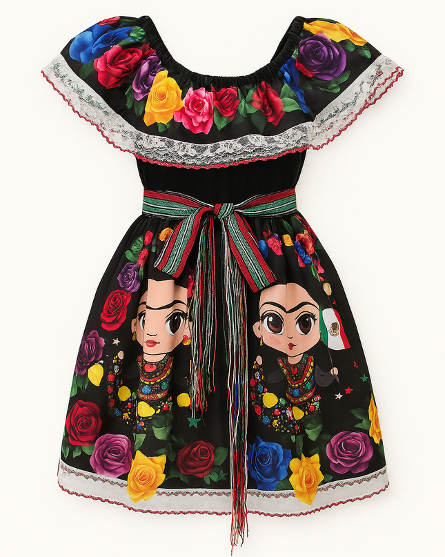 Vestido campesina Negro 3 a 10 años. Fridita