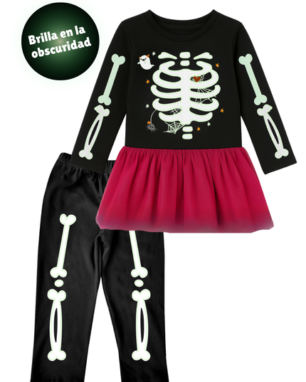 Conjunto kids 2-10 años . Esqueletito Glow niña