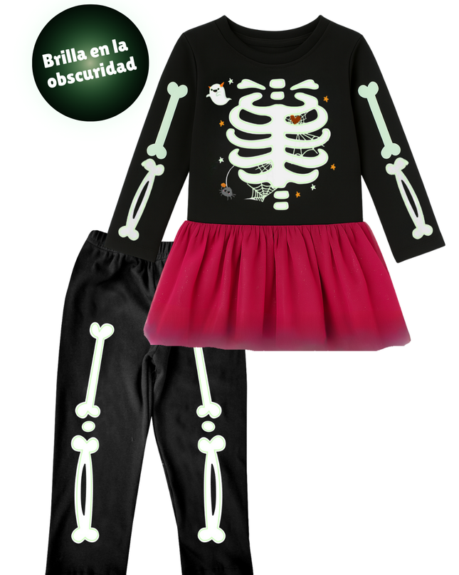 Conjunto kids 2-10 años . Esqueletito Glow niña