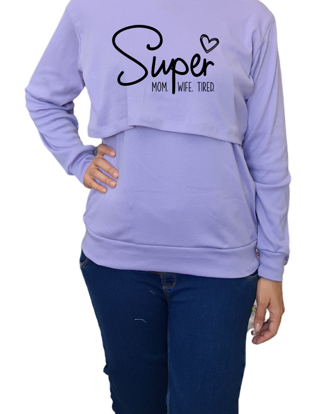 Sudadera ligera capucha estampada Lactancia. Super wife