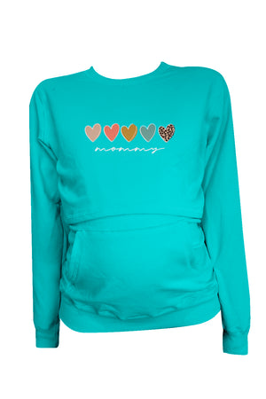 Sudadera ligera estampada Maternidad-lactancia. Mommy Hearts aqua