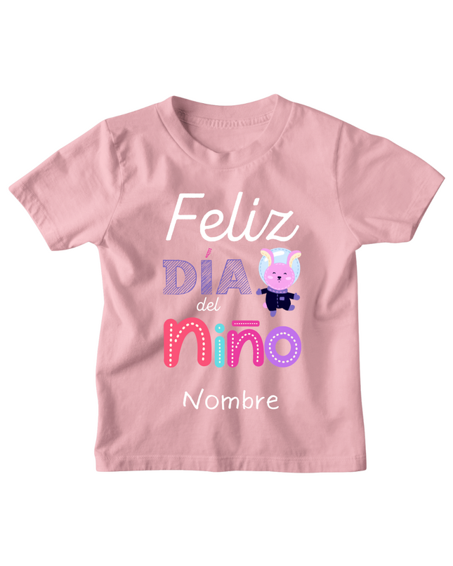 Playera Kids . Feliz día del niño astronauta conejo (nombre personalizado)