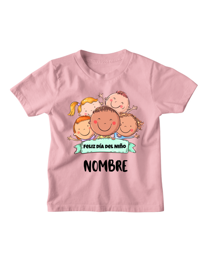 Playera Kids . Feliz día del niño caritas (Nombre personalizado)