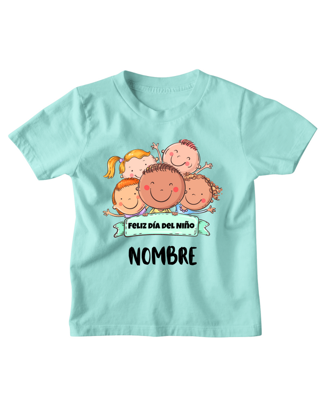 Playera Kids . Feliz día del niño caritas (nombre personalizado)