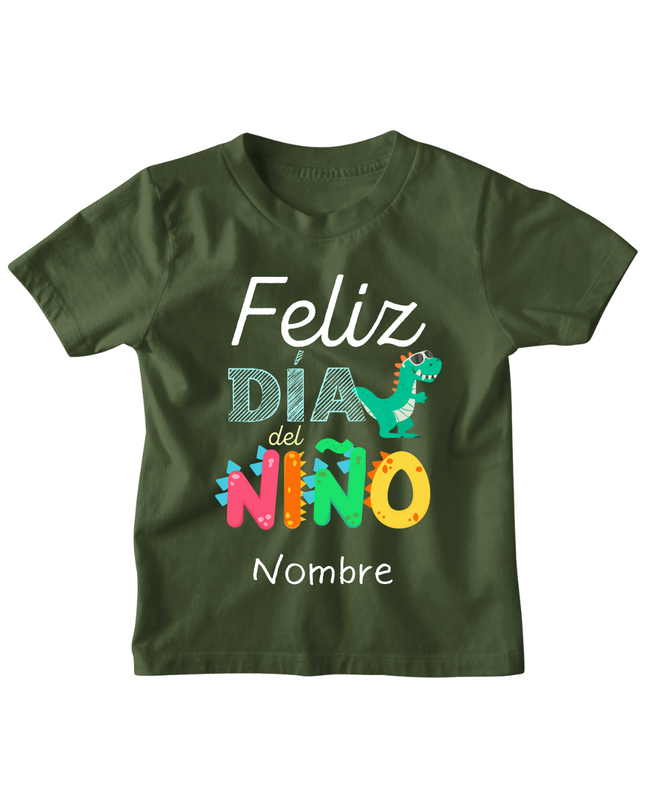 Playera Kids . Feliz día del niño dino (nombre personalizado)