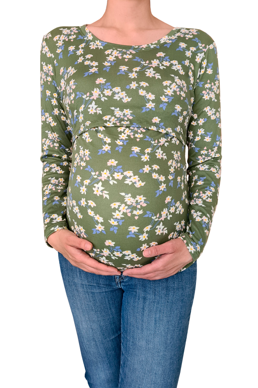 Blusa maternidad-lactancia Manga Larga. Verde Flores