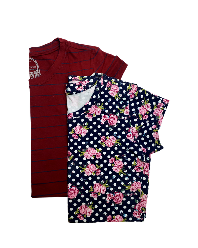 Pack 2 Blusa Maternidad Básica Manga corta. VINO RAYAS/FLORES