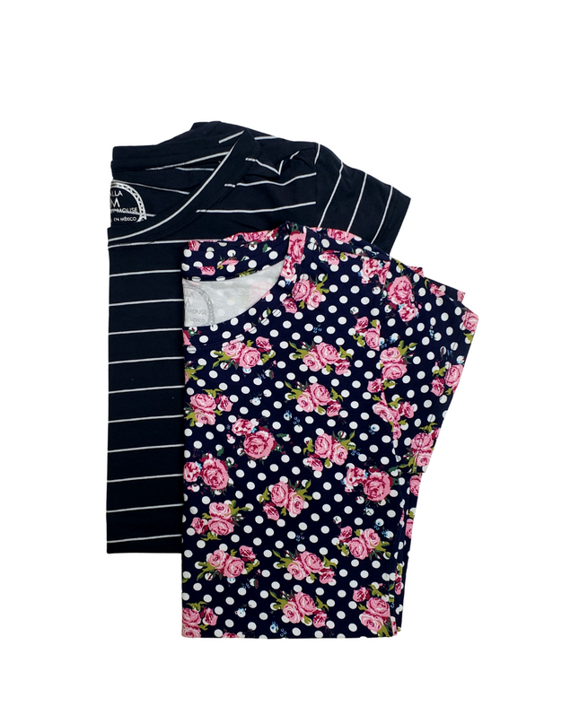 Pack 2 Blusa Maternidad Básica Manga corta. FLORES/MARINO RAYAS