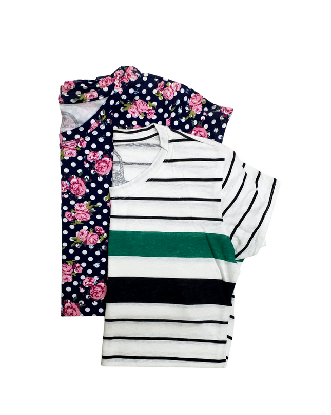Pack 2 Blusa Maternidad Básica Manga corta. FLORES/BLANCO RAYAS