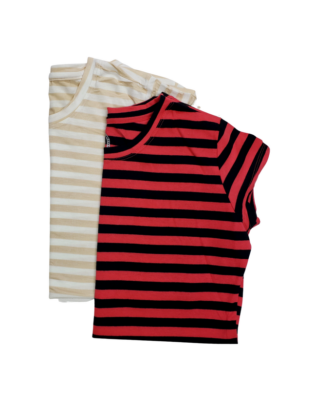 Pack 2 Blusa Maternidad Básica Manga corta. BEIGE-RAYAS/CORAL-RAYAS NEGRO