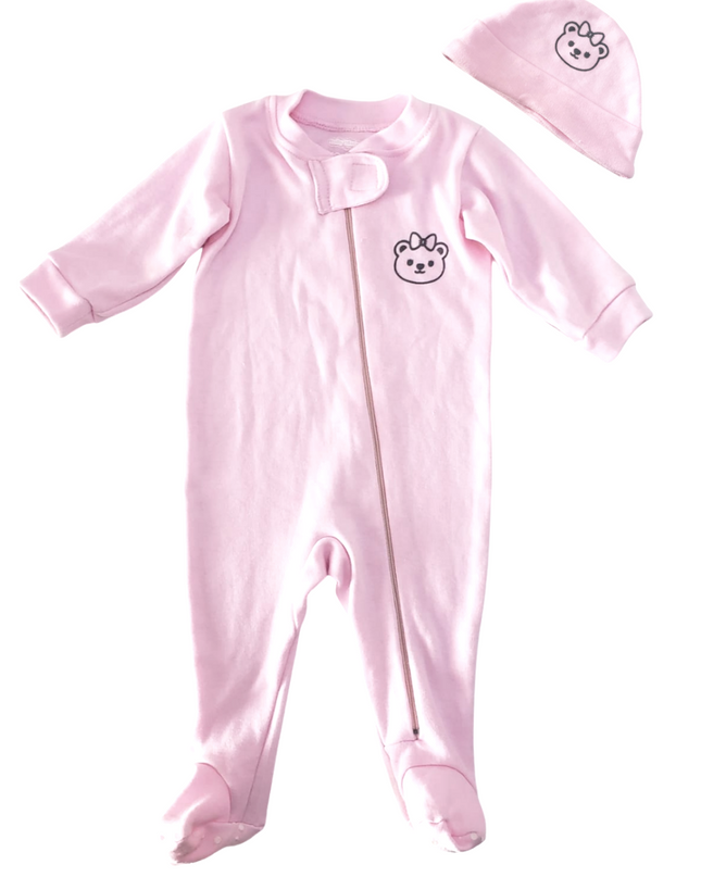 Set mameluco y gorro unisex. Osito rosa baby