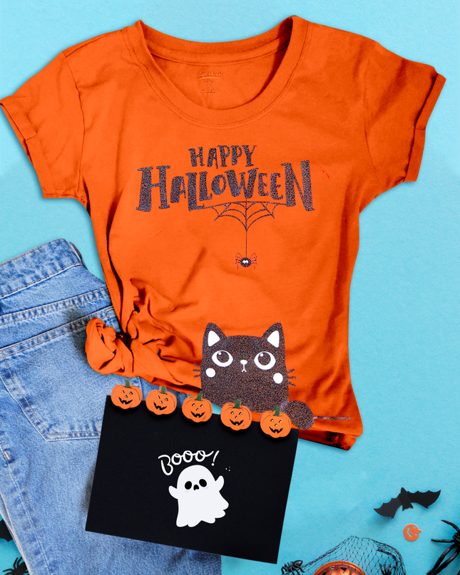 Blusa dama manga corta. Happy Halloween cat