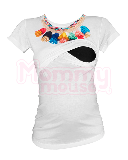 Blusa maternidad-lactancia. Collar estambre multicolor