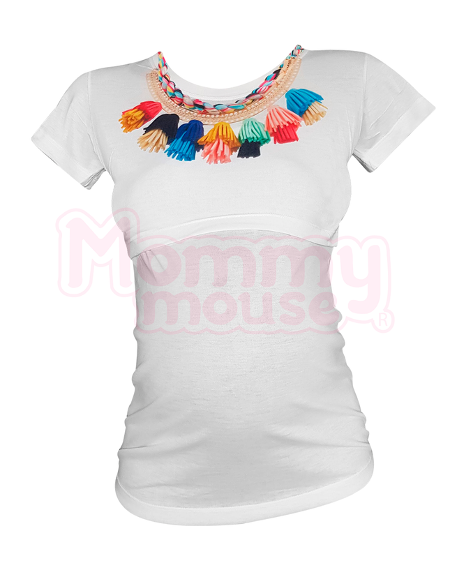 Blusa maternidad-lactancia. Collar estambre multicolor