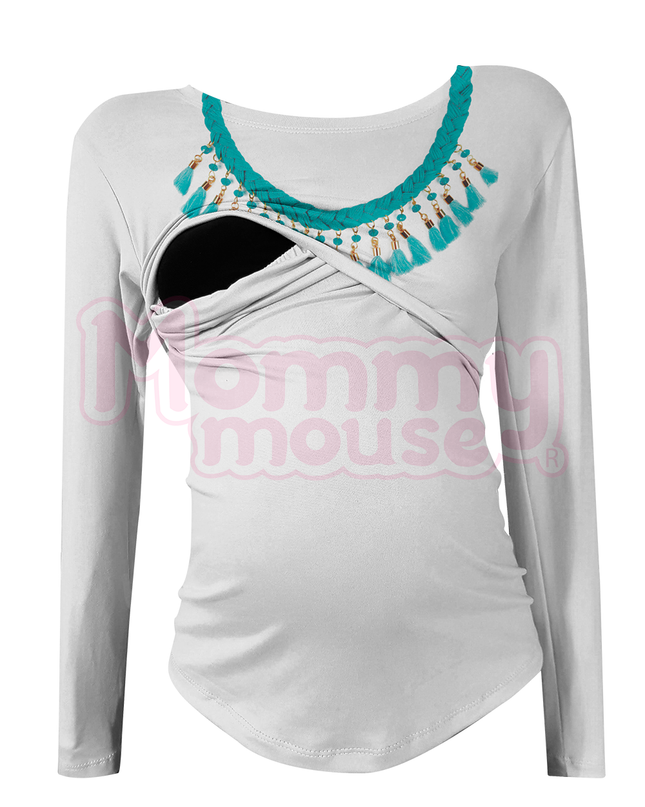 Blusa maternidad-lactancia Manga Larga. Collar pompones turquesa