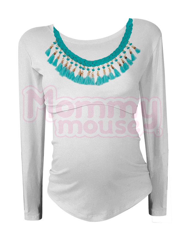Blusa maternidad-lactancia Manga Larga. Collar pompones turquesa