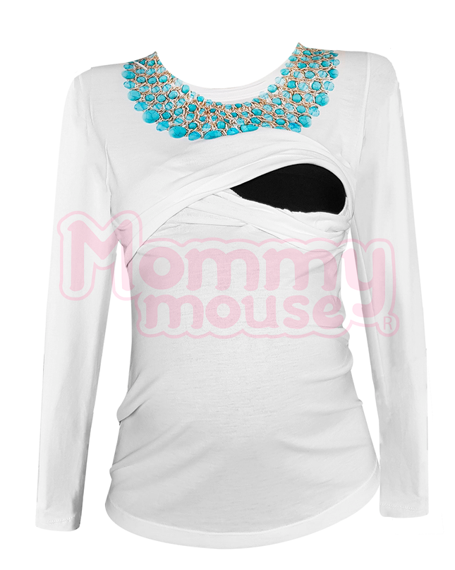 Blusa maternidad-lactancia Manga Larga. Collar piedras turquesa