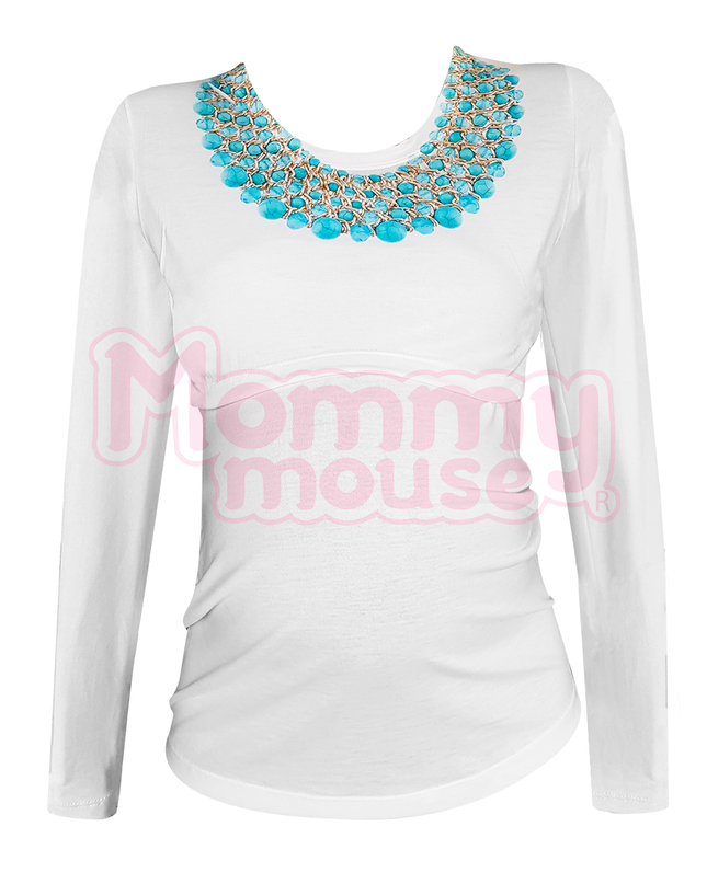Blusa maternidad-lactancia Manga Larga. Collar piedras turquesa