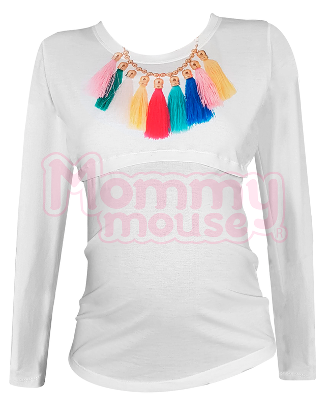 Blusa maternidad-lactancia Manga Larga. Collar pompón colores
